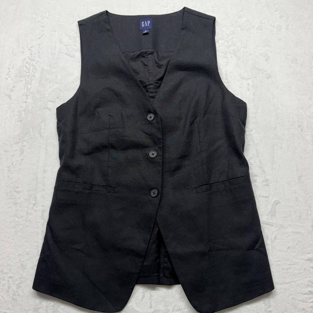 GAP Longline Vest Size S Black Women Linen Blend Tailored Suit Waistcoat V-Neck
